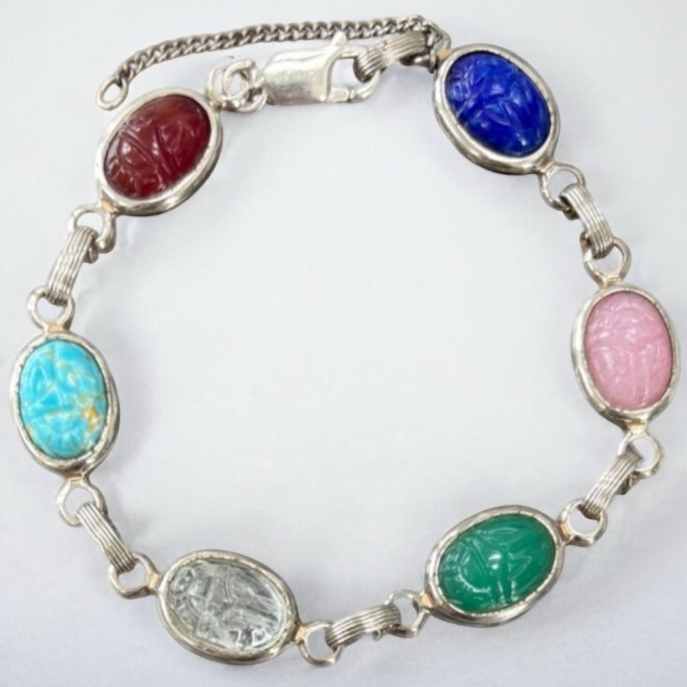 Vintage Scarab Bracelet Silver Retro Jewelry 60s MCM Carved Multicolor Stones
